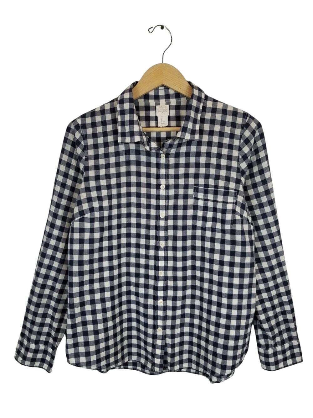 J. Crew Navy Blue White Gingham Check 100% Cotton Button Up Shirt Womens Large